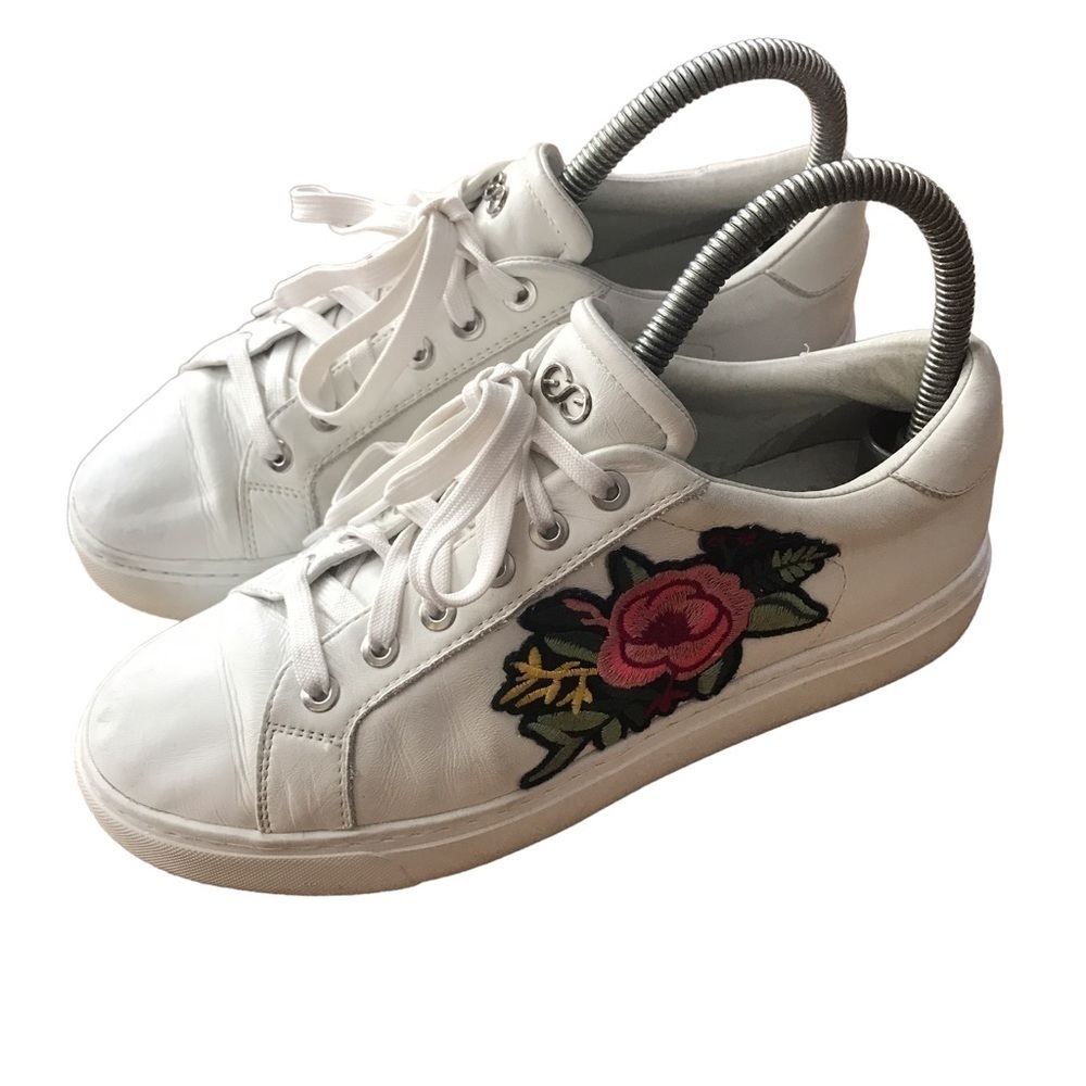 Escada sport multi color floral embroidery white lace sneakers